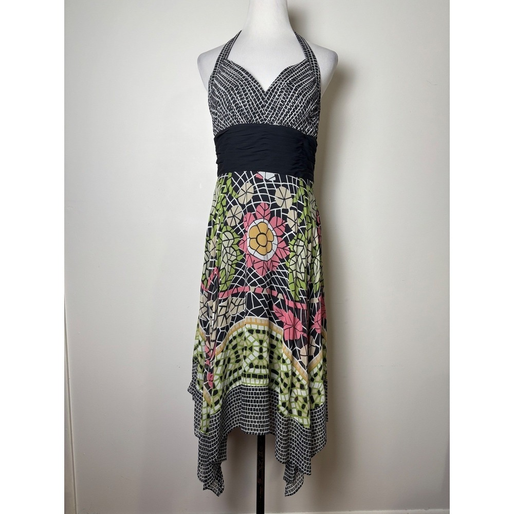 Sangria VTG Y2K‎ Silk Handkerchief Hem Halter Midi Dress 8 Forest Fairy Boho